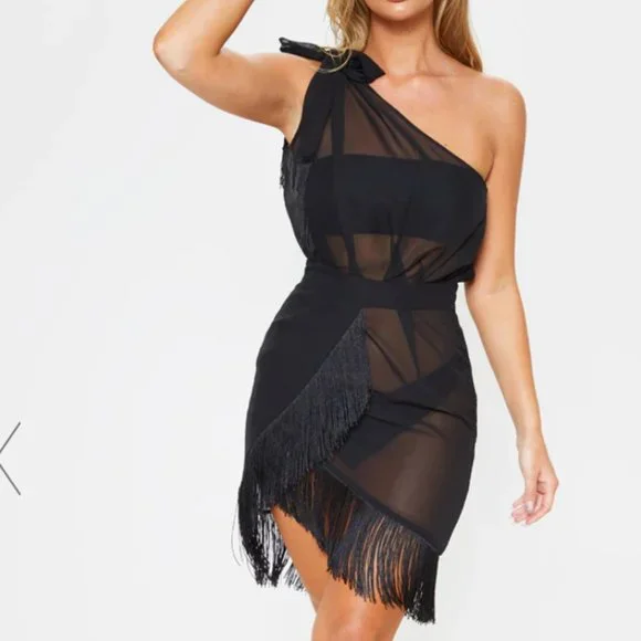 sachin and babi light blue dress PrettyLittleThing | Swim | New Never Worn Plt Black Asymmetric Fringe Beach  Dress Us 4